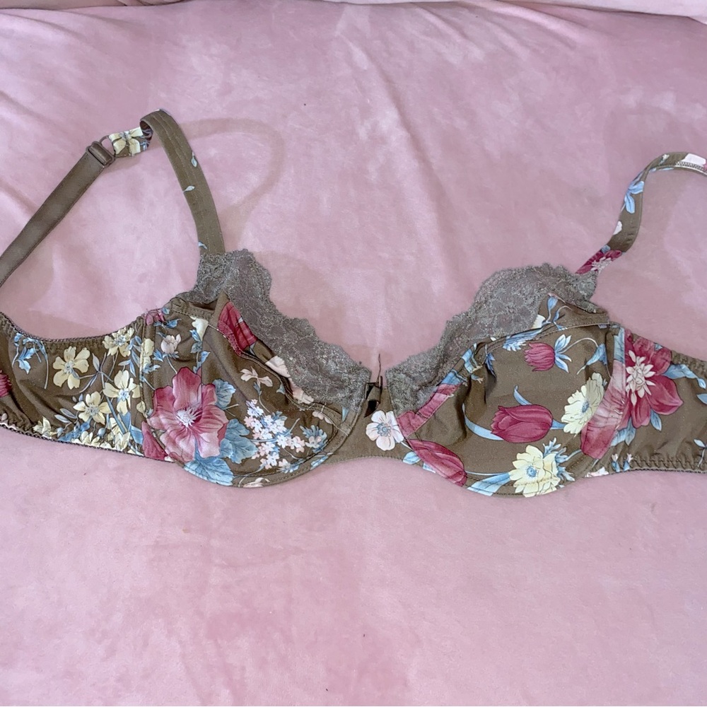 Vintage Wonderbra 36C Floral Demi Bra Underwire Lace Flowers Brown Hibiscus